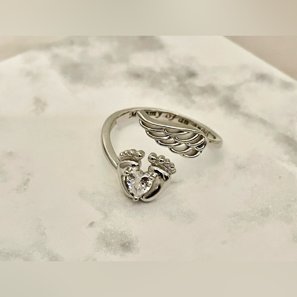 👣🪽Mommy of an Angel / Footprints wings😇 Stamped S925 Silver Adjustable Ring NWT - Picture 8 of 11